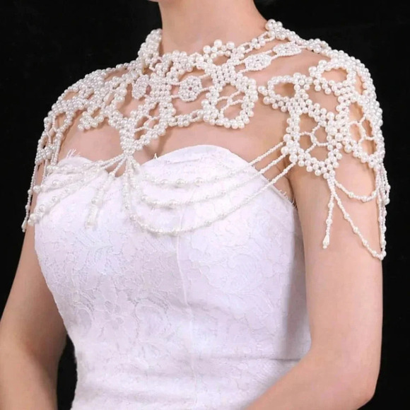 (ON SALE) Women's  Pearl Wedding Shawl Cape - Picture 2 of 4